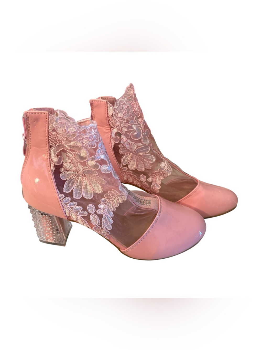 🫶🏻 Women's Pink Lace & Patent Block Heel Ankle Boots - Picture 4 of 5